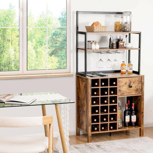 Kitchen Bakers Rack Freestanding Wine Rack Table with Glass Holder and Drawer-Rustic Brown at Set Shop and Smile
