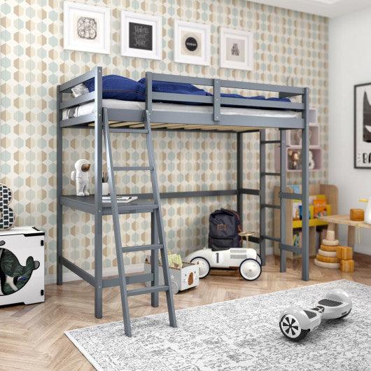 Twin Size Loft Bed Frame with Desk Angled and Built-in Ladder-Gray at Set Shop and Smile
