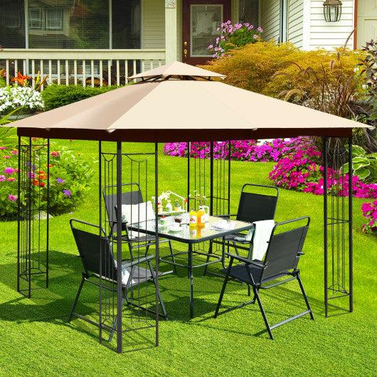 10 x 10 Feet L-Shaped Patio Canopy Gazebo Outdoor 2-Tier Steel Tent-Beige at Set Shop and Smile
