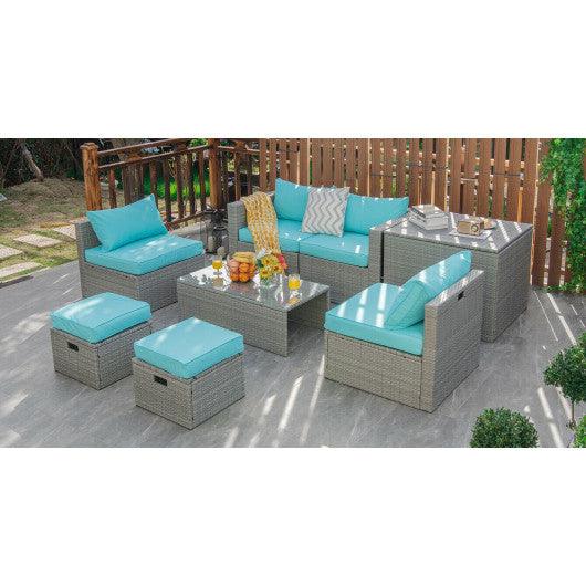 8 Pieces Patio Rattan Furniture Set with Storage Waterproof Cover and Cushion-Turquoise at Set Shop and Smile