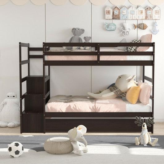 Twin Over Twin Bunk Bed with Storage Shelf and Drawer-Dark Brown at Set Shop and Smile