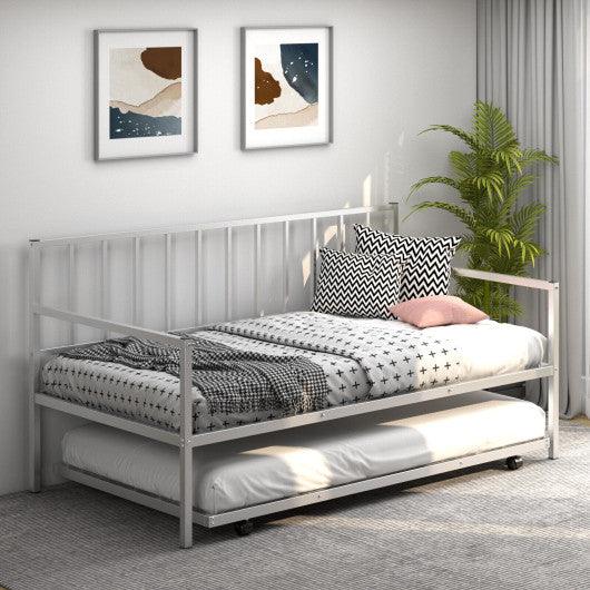 Twin Metal Daybed Sofa Bed Set with Roll Out Trundle-Silver at Set Shop and Smile