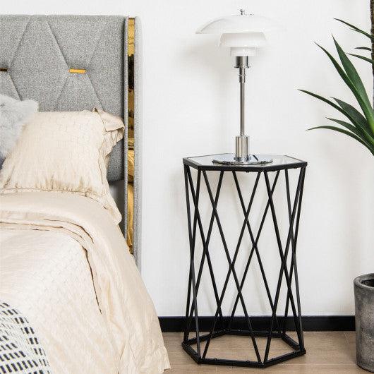Hexagonal Accent End Table with Tempered Glass Top and Metal Frame at Set Shop and Smile