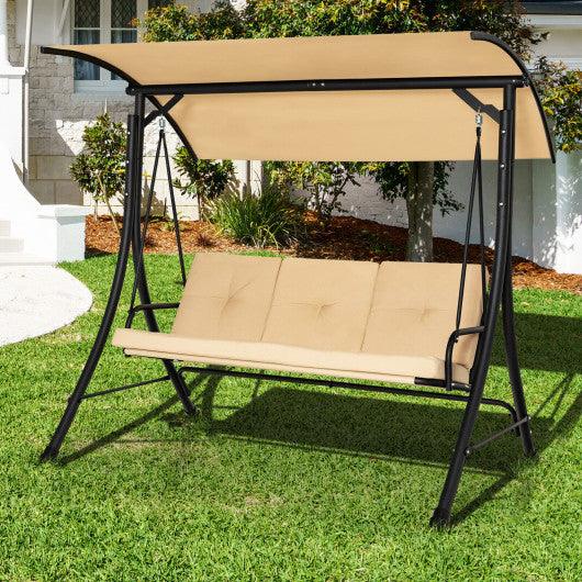 3-Seat Outdoor Porch Swing with Adjustable Canopy and Padded Cushions-Beige at Set Shop and Smile