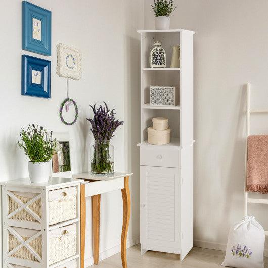 Bathroom Tall Freestanding Storage Cabinet with Open Shelves and Drawer-White at Set Shop and Smile