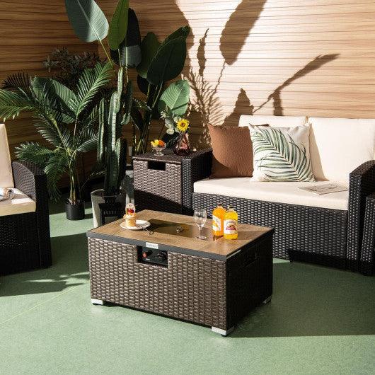 32 x 20 Inch Propane Rattan Fire Pit Table Set with Side Table Tank and Cover-Brown at Set Shop and Smile