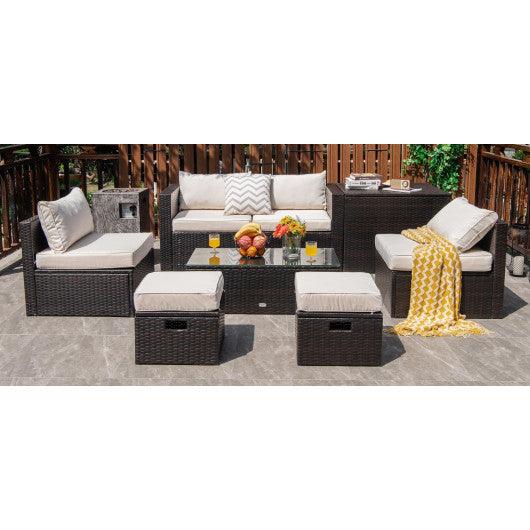 8 Pieces Patio Space-Saving Rattan Furniture Set with Storage Box and Waterproof Cover-White at Set Shop and Smile