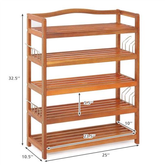 5-Tier Acacia Wood Shoe Rack with Side Metal Hooks at Set Shop and Smile