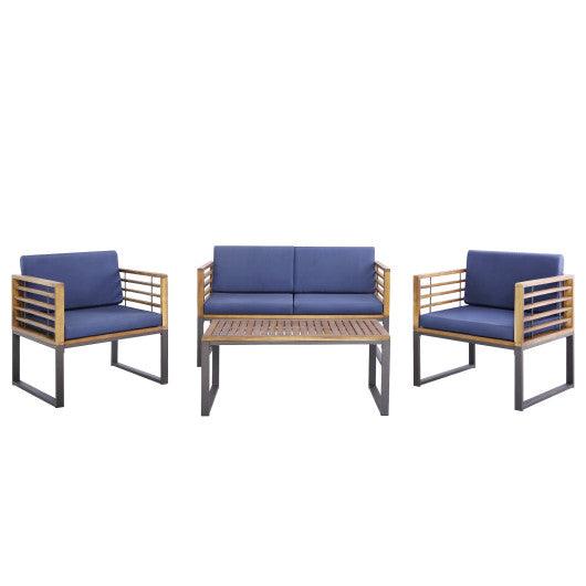 4 Piece Patio Acacia Wood Conversation Set with Soft Seat-Navy at Set Shop and Smile