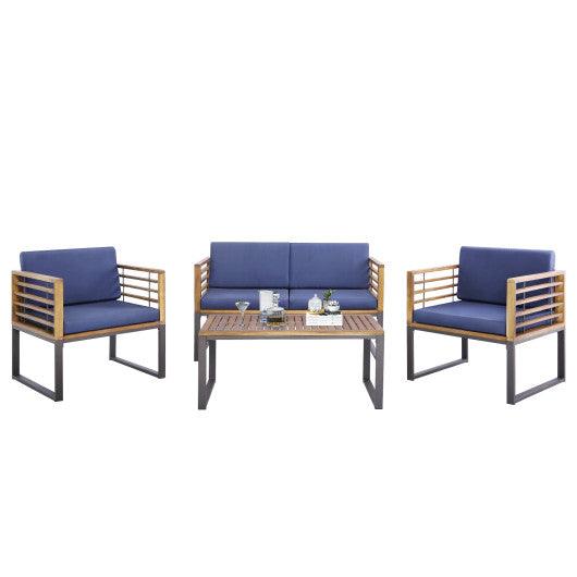 4 Piece Patio Acacia Wood Conversation Set with Soft Seat-Navy at Set Shop and Smile