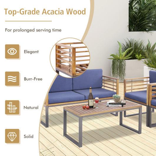 4 Piece Patio Acacia Wood Conversation Set with Soft Seat-Navy at Set Shop and Smile