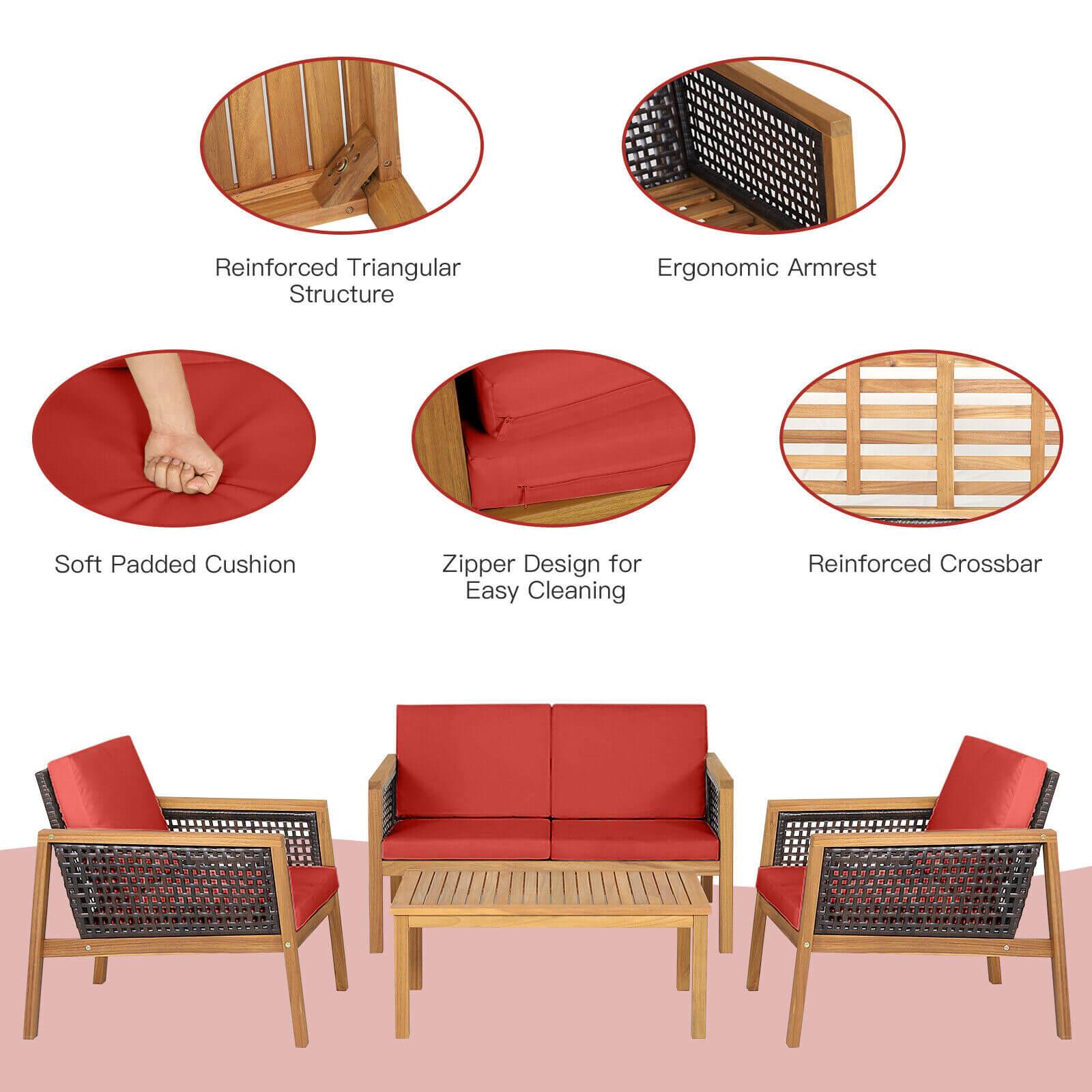 4 Pieces Patio Rattan Furniture Set with Removable Cushions-Red at Set Shop and Smile
