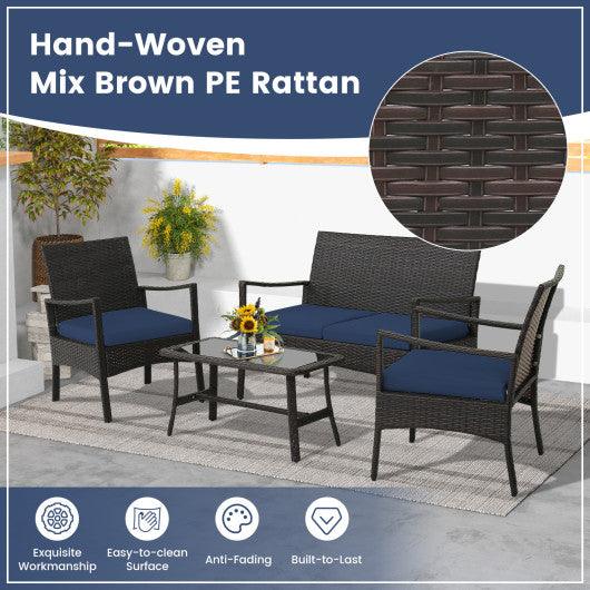 4 Pieces Outdoor Rattan Conversation Set with Tempered Glass Coffee Table-Navy at Set Shop and Smile