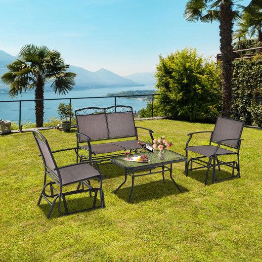 4 Piece Patio Glider Conversation Set with Tempered Glass Table Top-Brown at Set Shop and Smile
