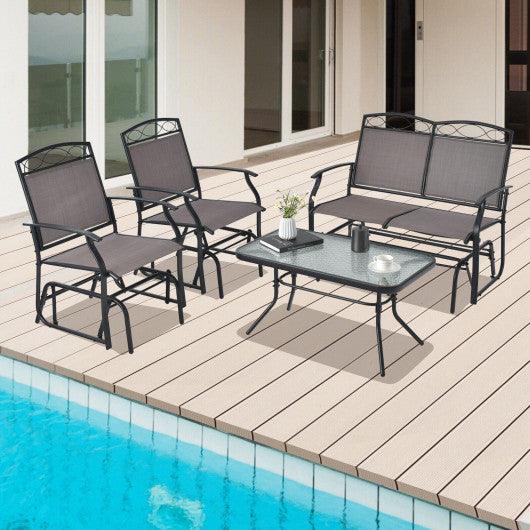 4 Piece Patio Glider Conversation Set with Tempered Glass Table Top-Brown at Set Shop and Smile