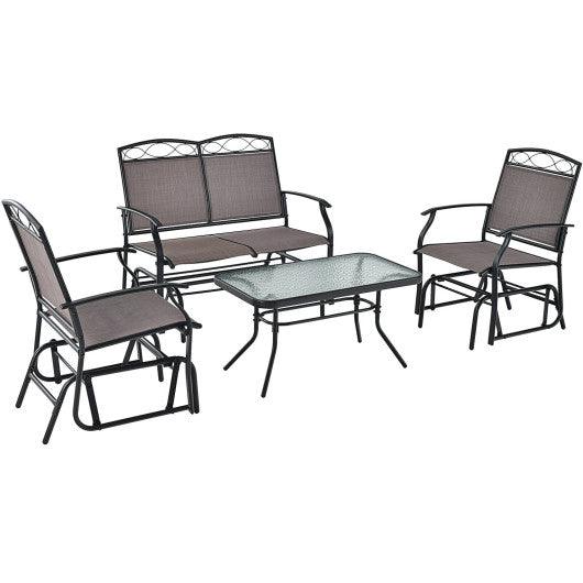 4 Piece Patio Glider Conversation Set with Tempered Glass Table Top-Brown at Set Shop and Smile