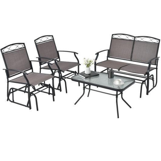4 Piece Patio Glider Conversation Set with Tempered Glass Table Top-Brown at Set Shop and Smile