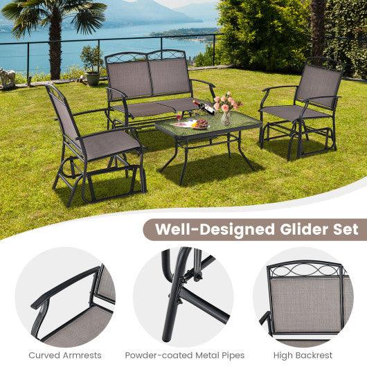 4 Piece Patio Glider Conversation Set with Tempered Glass Table Top-Brown at Set Shop and Smile