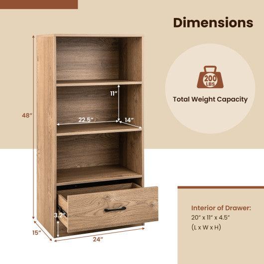 4-Tier Storage Bookcase with Open Shelves Drawer and Anti-toppling Device-Natural at Set Shop and Smile