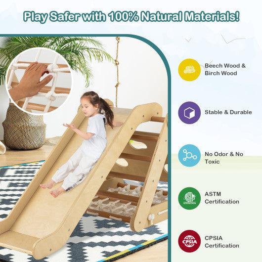 4 in 1 Triangle Climber Toy with Sliding Board and Climbing Net-Natural at Set Shop and Smile