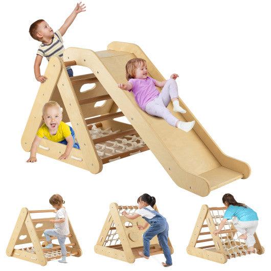 4 in 1 Triangle Climber Toy with Sliding Board and Climbing Net-Natural at Set Shop and Smile