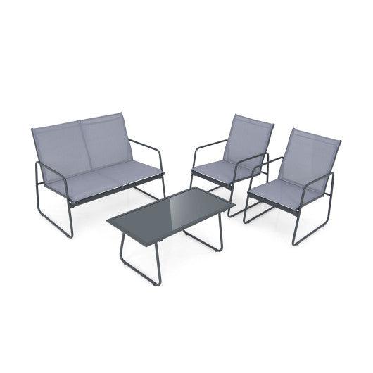 4 Pieces of Metal Patio Furniture Chat Set with Tempered Glass Coffee Table at Set Shop and Smile