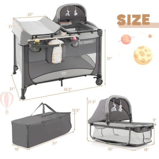 5-in-1 Portable Baby Playard with Cradle and Storage Basket-Gray at Set Shop and Smile