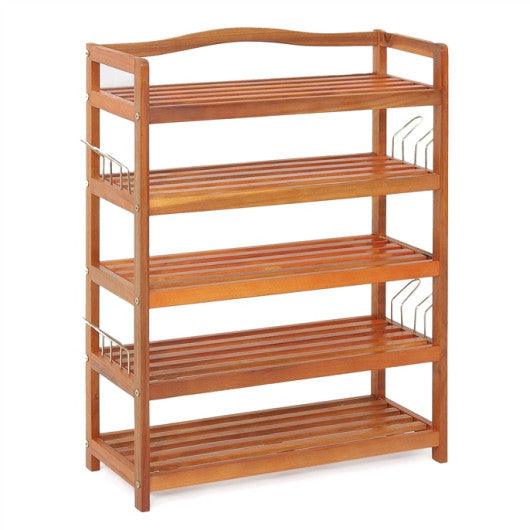 5-Tier Acacia Wood Shoe Rack with Side Metal Hooks at Set Shop and Smile