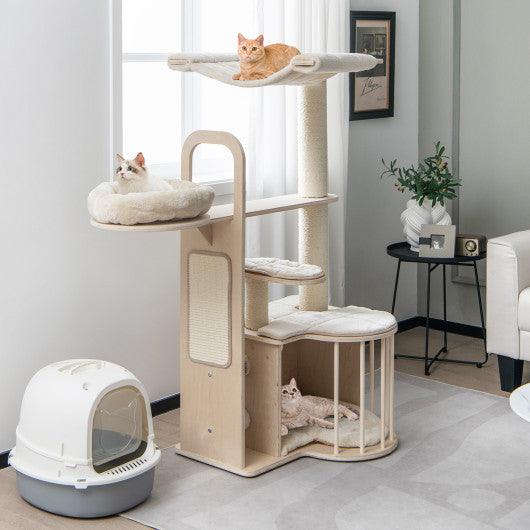 55 Inch Tall Multi-Level Cat Tree with Washable Removable Cushions-Natural at Set Shop and Smile
