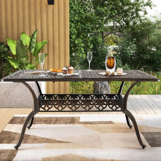 59 Inch Aluminum Patio Dining Table with Umbrella Hole fot 6 Persons-Bronze at Set Shop and Smile