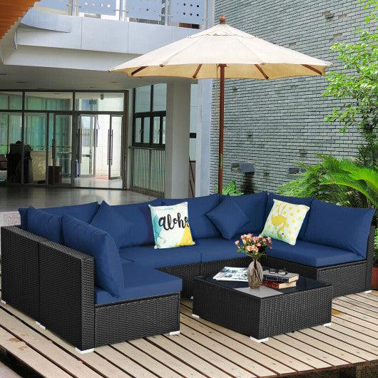 7-Piece Outdoor Sectional Wicker Patio Sofa Set with Tempered Glass Top-Navy at Set Shop and Smile