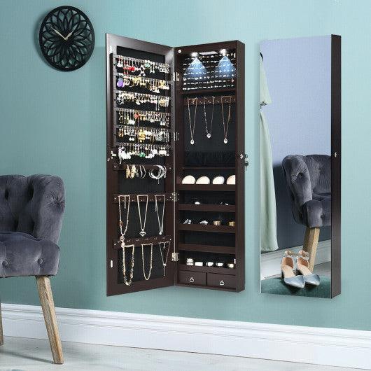 Wall and Door Mounted Mirrored Jewelry Cabinet with Lights-Brown at Set Shop and Smile