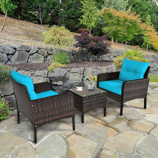 3 Pcs Outdoor Patio Rattan Conversation Set with Seat Cushions-Turquoise at Set Shop and Smile