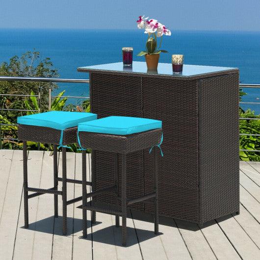 3PCS Patio Rattan Wicker Bar Table Stools Dining Set-Turquoise at Set Shop and Smile