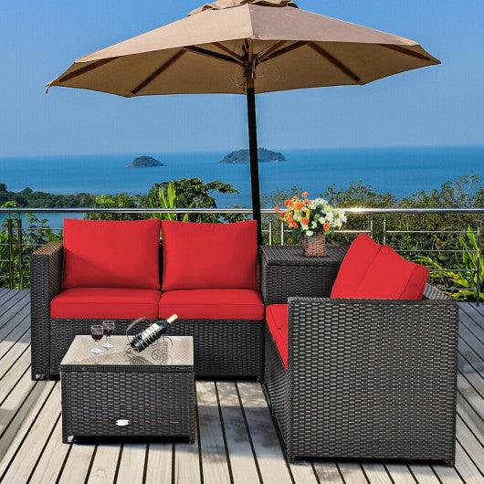 4 Pieces Outdoor Patio Rattan Furniture Set with Cushioned Loveseat and Storage Box-Red at Set Shop and Smile