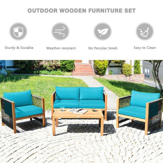 4 Pcs Acacia Wood Outdoor Patio Furniture Set with Cushions-Turquoise at Set Shop and Smile