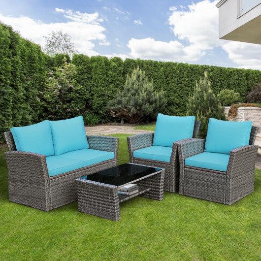 4 Pieces Patio Rattan Furniture Set Sofa Table with Storage Shelf Cushion-Turquoise at Set Shop and Smile