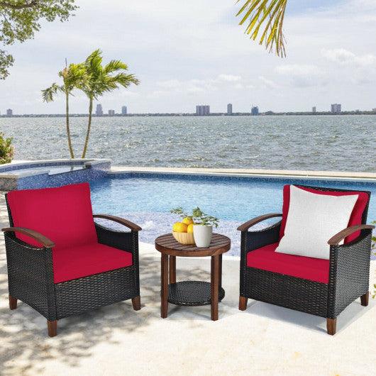 3 Pieces Patio Rattan Furniture Set with Washable Cushion and Acacia Wood Tabletop-Red at Set Shop and Smile