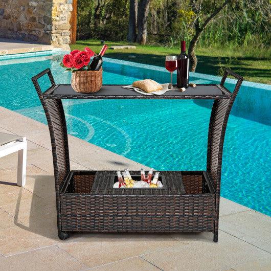 Patio Rattan Bar Serving Cart with Glass Top and Handle at Set Shop and Smile