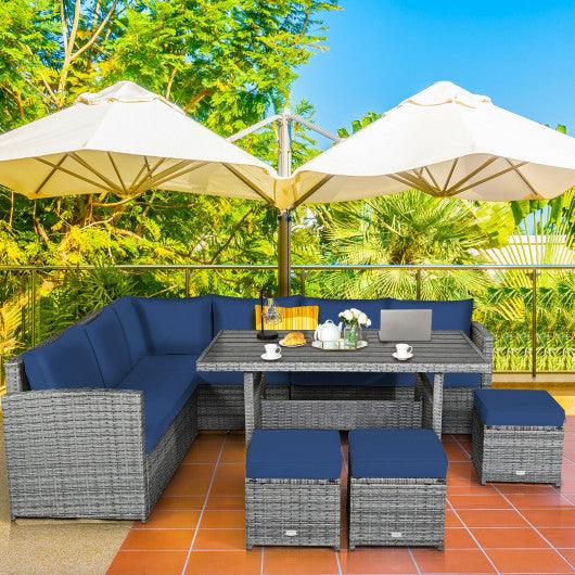 7 Pieces Patio Rattan Dining Furniture Sectional Sofa Set with Wicker Ottoman-Navy at Set Shop and Smile