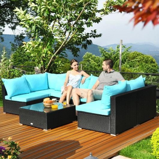 7-Piece Outdoor Sectional Wicker Patio Sofa Set with Tempered Glass Top-Blue at Set Shop and Smile