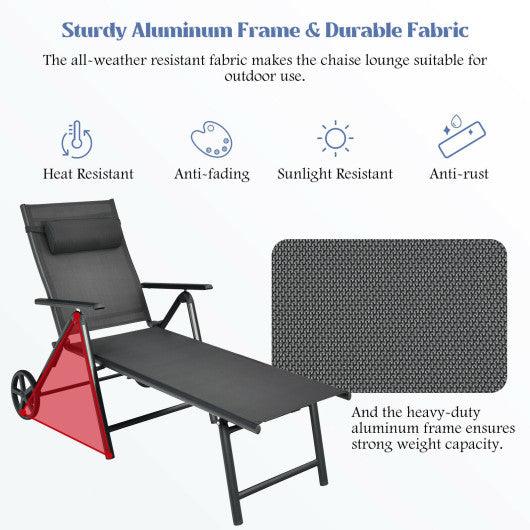 Patio Lounge Chair with Wheels Neck Pillow Aluminum Frame Adjustable-Gray at Set Shop and Smile