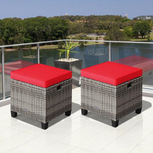 2PCS Patio Rattan Wicker Ottoman Seat with Removable Cushions-Red at Set Shop and Smile