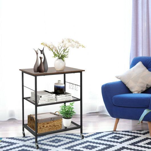 3-Tier Kitchen Serving Cart Utility Standing Microwave Rack with Hooks Brown at Set Shop and Smile