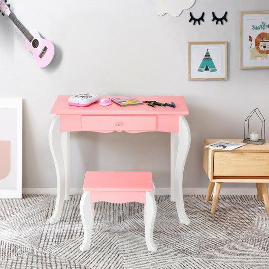 Kids Vanity Princess Makeup Dressing Table Stool Set with Mirror and Drawer-Pink at Set Shop and Smile