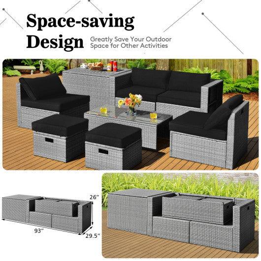 8 Pieces Patio Rattan Furniture Set with Storage Waterproof Cover and Cushion-Black at Set Shop and Smile
