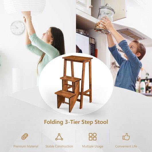 3-in-1 Rubber Wood 3 Tier Folding Step Stool Ladder Storage Shelf-Coffee at Set Shop and Smile