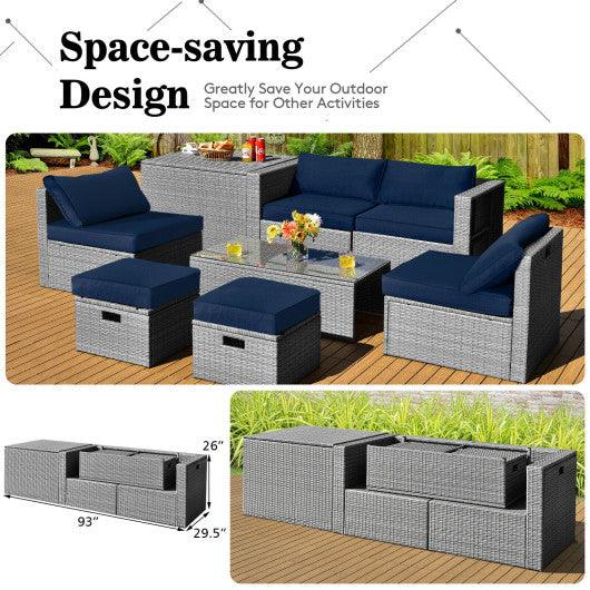 8 Pieces Patio Rattan Furniture Set with Storage Waterproof Cover and Cushion-Navy at Set Shop and Smile