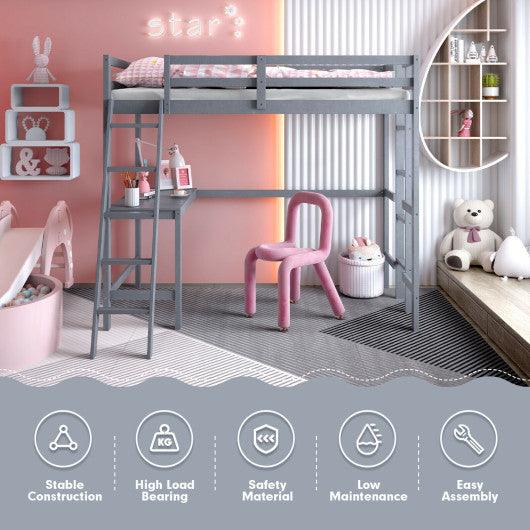 Twin Size Loft Bed Frame with Desk Angled and Built-in Ladder-Gray at Set Shop and Smile