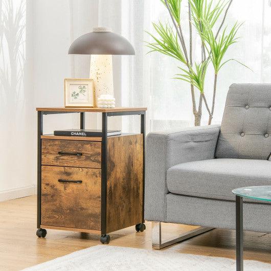 2 Drawer Mobile File Cabinet Printer Stand with Open Shelf for Letter Size-Rustic Brown at Set Shop and Smile